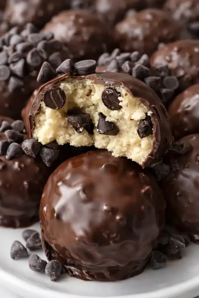 No-bake cookie dough bites coated in chocolate with creamy cookie dough center and mini chocolate chips