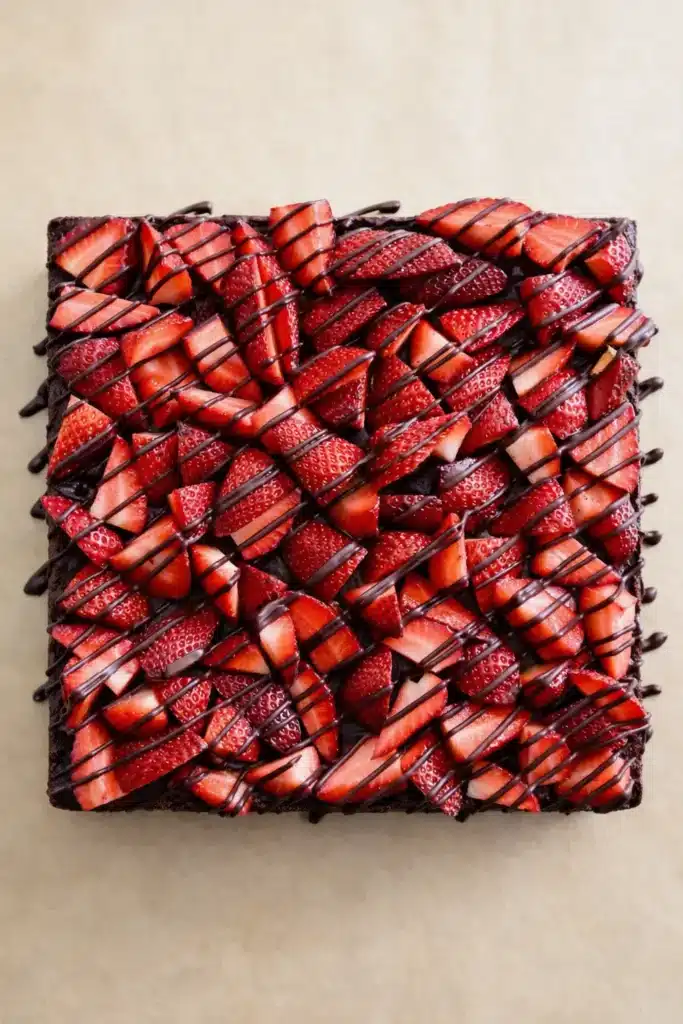 Chocolate-Covered Strawberry Brownies slab topped with fresh strawberries and chocolate drizzle
