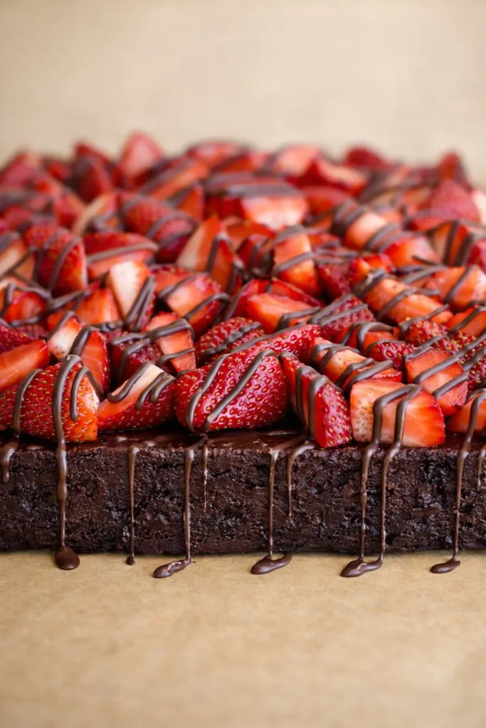 Chocolate-Covered Strawberry Brownies with fresh strawberries and chocolate drizzle dripping