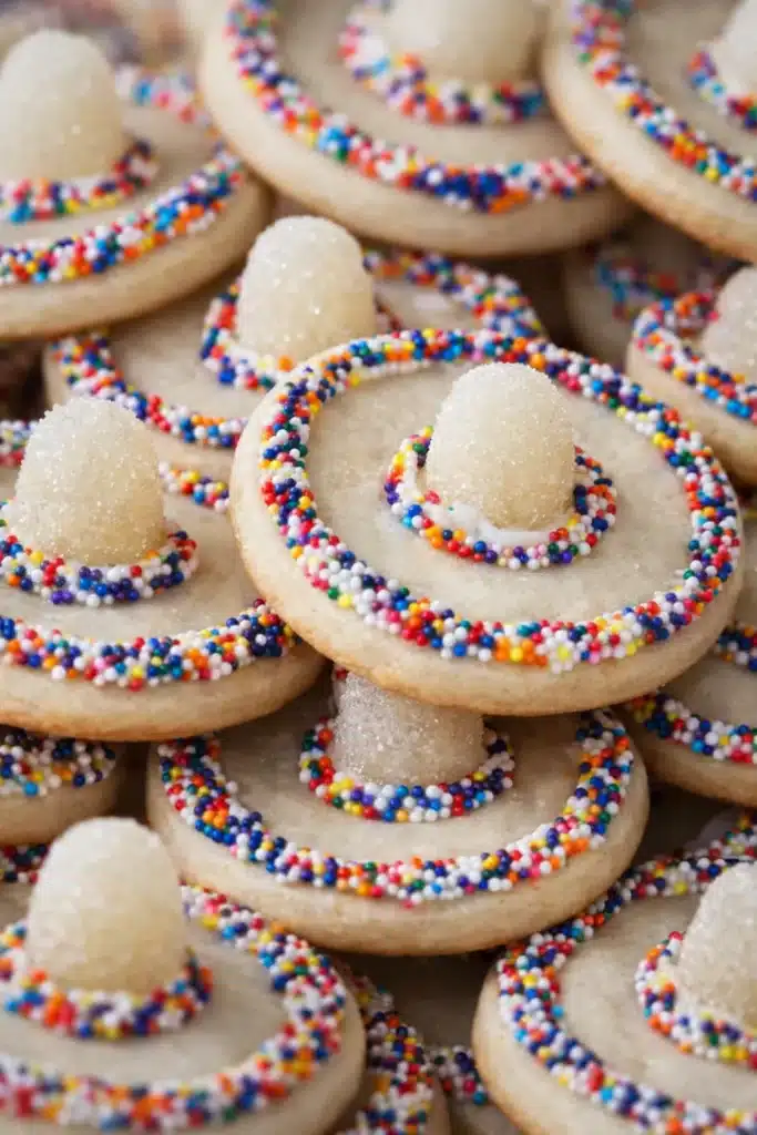 Cinco De Mayo Sombrero Cookies with rainbow sprinkles and gumdrop tops