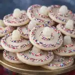 Cinco de Mayo sombrero cookies decorated with rainbow sprinkles and gumdrops on a dessert plate