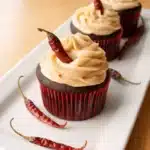 Chocolate chili cupcakes with cream cheese frosting and dried red chili garnish on a dessert plate