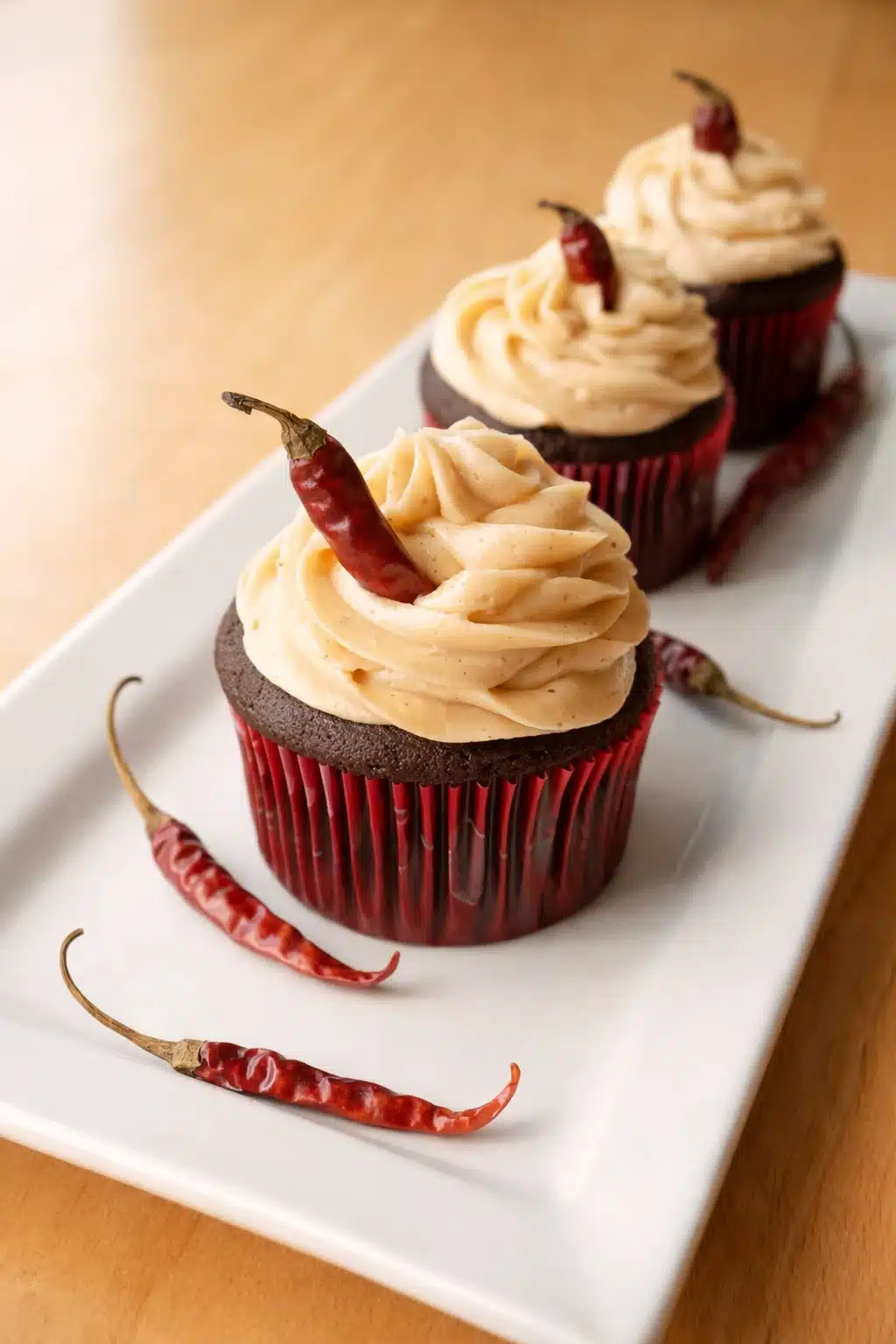 Chocolate chili cupcakes with cream cheese frosting and dried red chili garnish on a dessert plate
