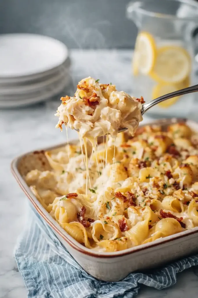Classic crack chicken casserole with creamy cheese pull and crispy bacon