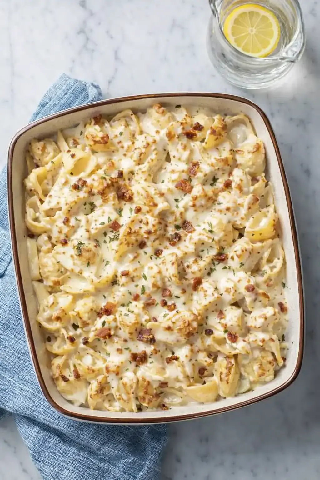 Classic crack chicken casserole with creamy cheese, bacon, and pasta in a baked dish