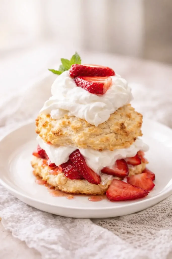 Strawberry Shortcake with whipped cream and fresh strawberries on white plate