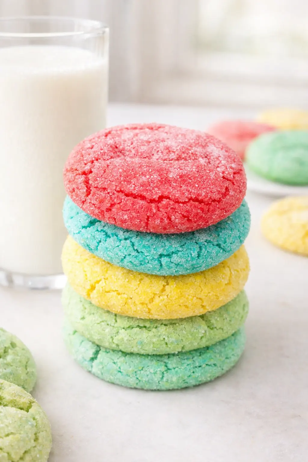 Stack of colorful sugar coated Jello cookies with red, blue, yellow and green layers