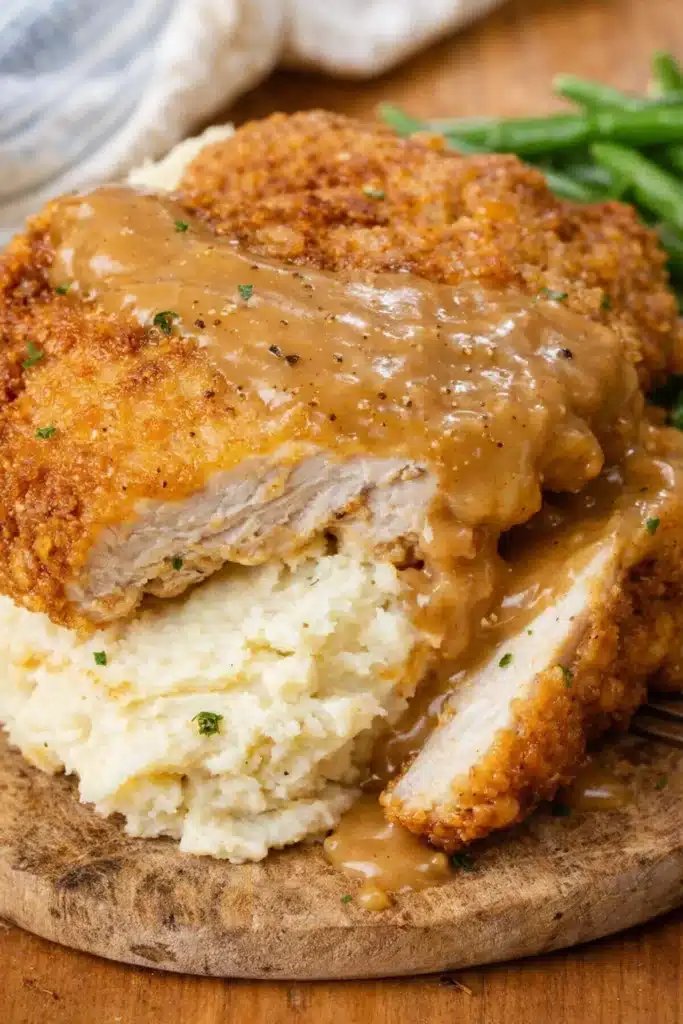 Country fried chicken with gravy on mashed potatoes