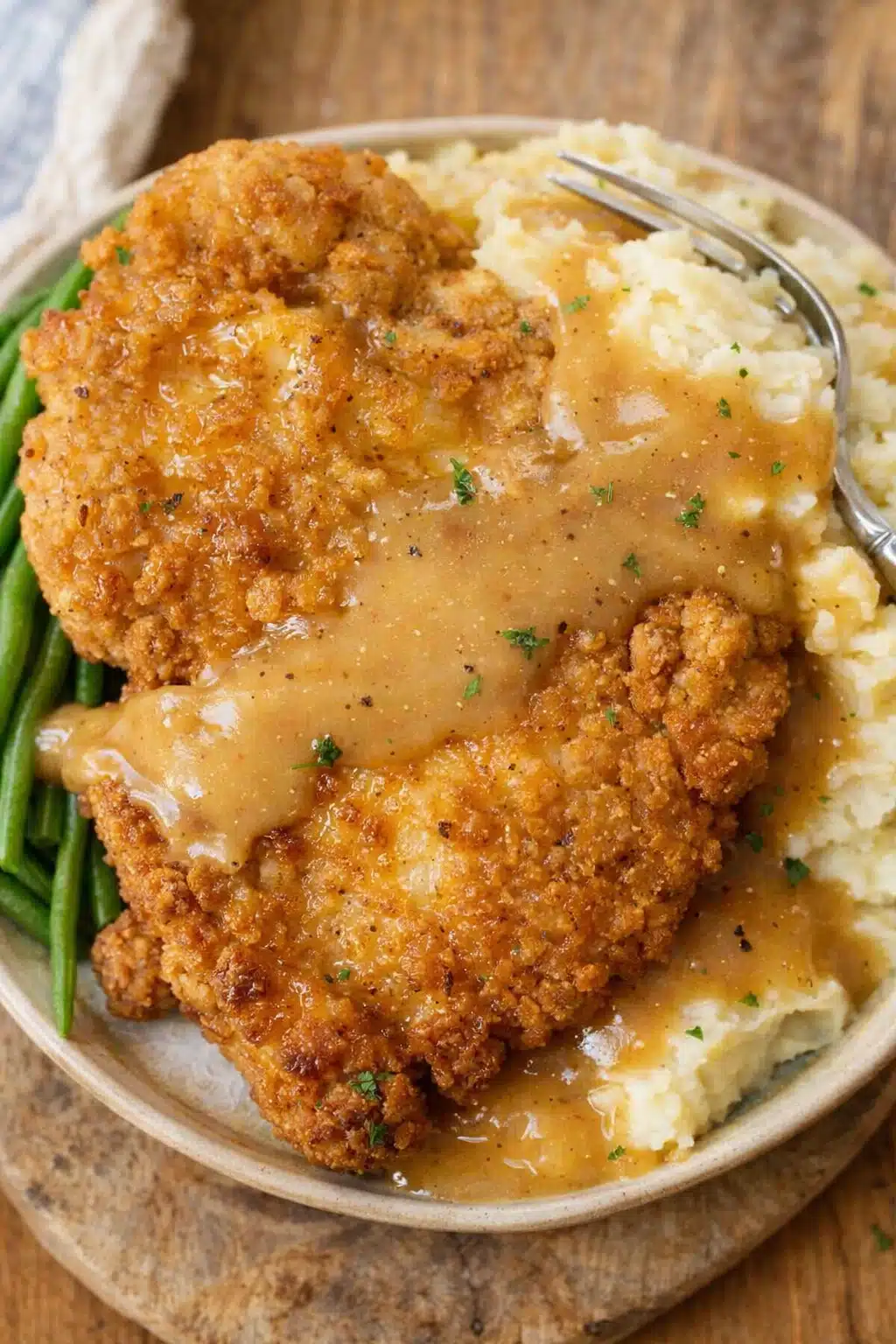 home 19 Country fried chicken with mashed potatoes and gravy served with green beans