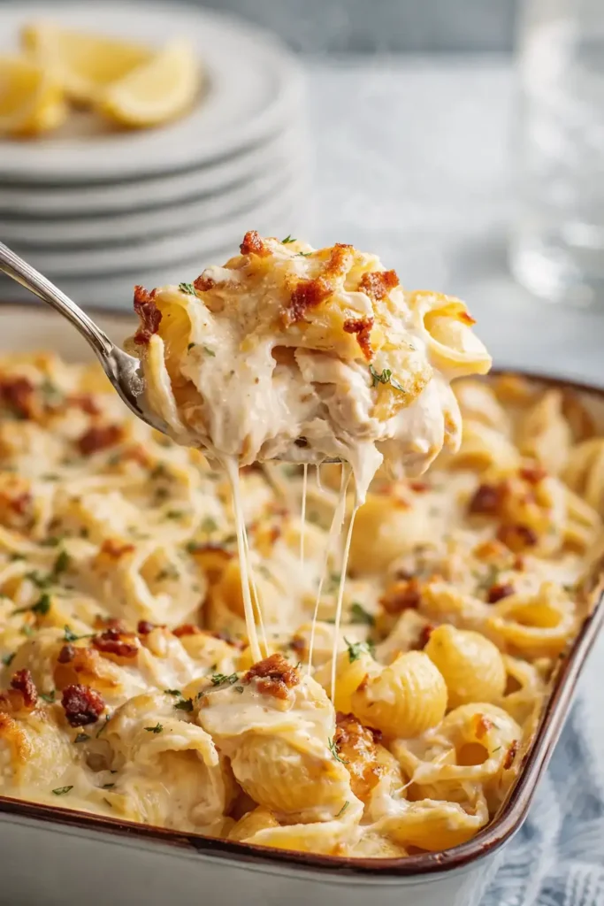 creamy baked chicken pasta with cheese pull and crispy bacon topping