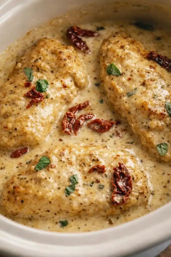 Easy Crockpot Marry Me Chicken in creamy garlic Parmesan sauce with sun dried tomatoes