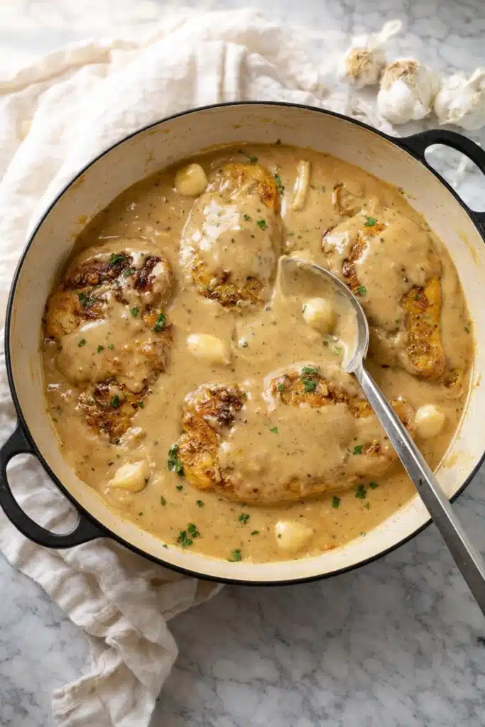 Creamy garlic chicken cooking in skillet with garlic cream sauce