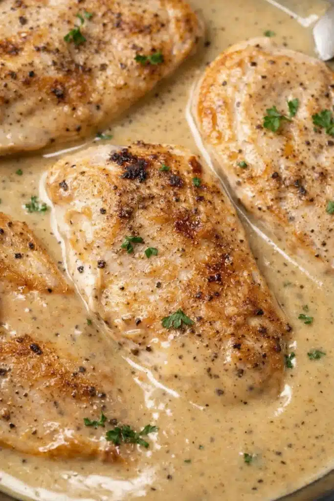 Creamy ranch chicken breasts in skillet with rich herb cream sauce