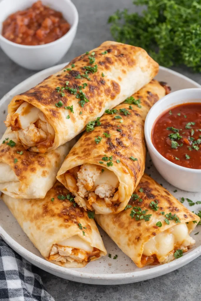 Crispy Air Fryer Chicken Wraps Quick and Easy Recipe 5 Crispy Air Fryer Chicken wraps with melted cheese and marinara sauce