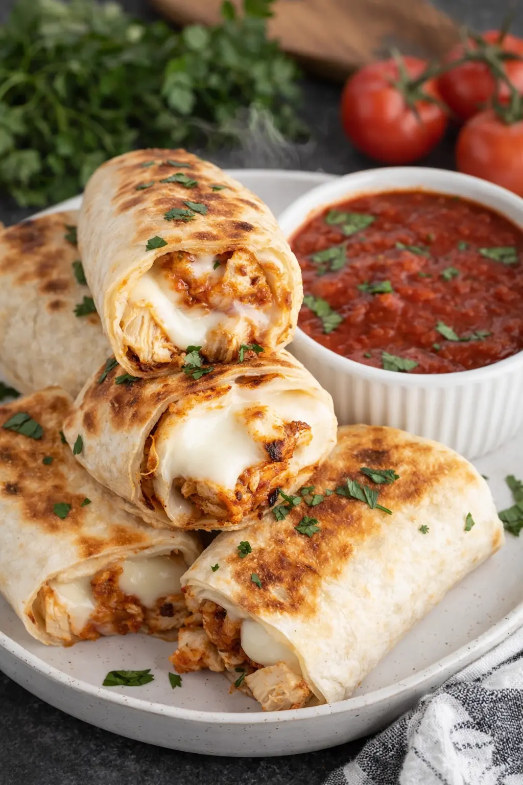 Crispy air fryer chicken wraps with melted cheese and marinara dipping sauce