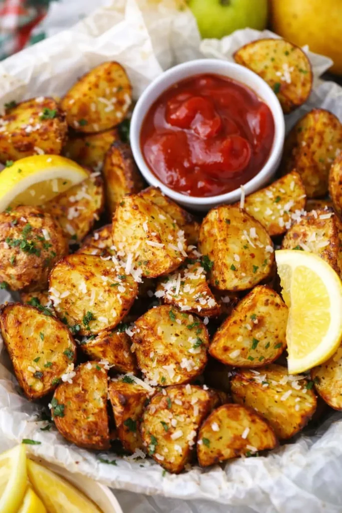 Crispy Air Fryer Potatoes Easy Amazing Side 6 Crispy Air Fryer Potatoes served with ketchup, parmesan, and lemon wedges
