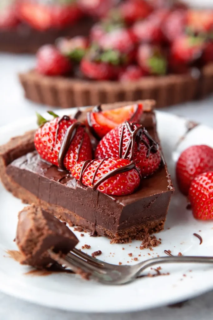 Slice of Dark Chocolate Strawberry Tart with glossy ganache and fresh strawberries