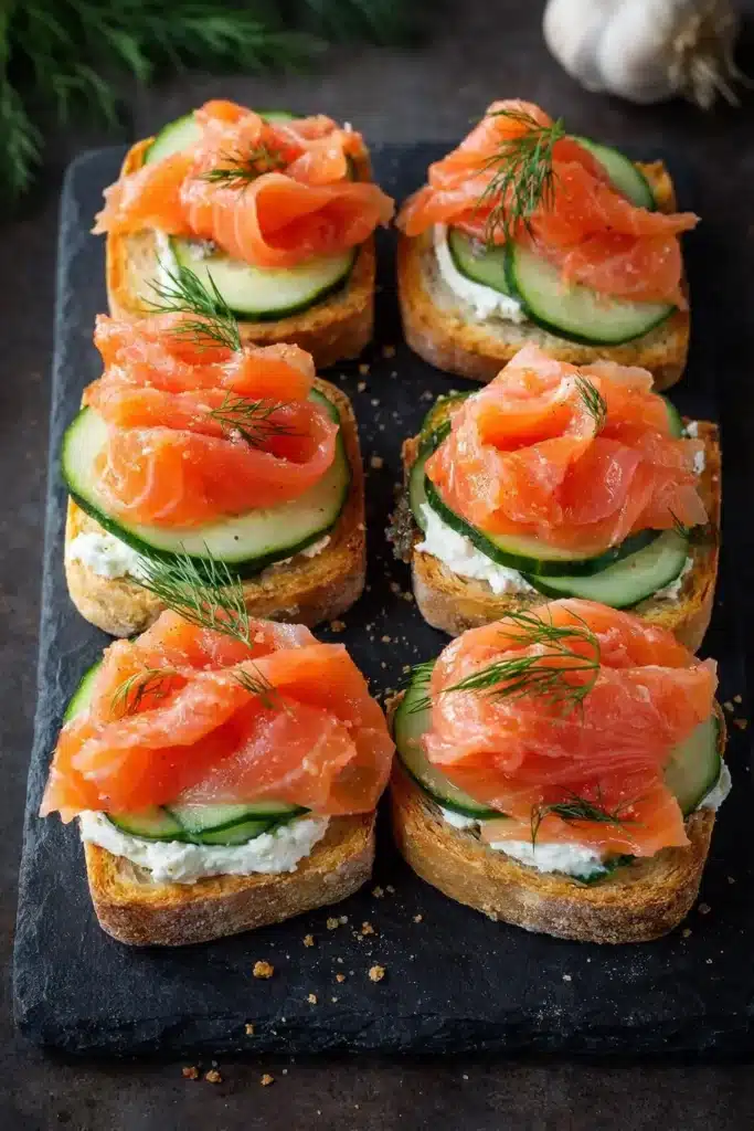 Smoked salmon tea sandwiches with cucumber, cream cheese and dill on toasted bread
