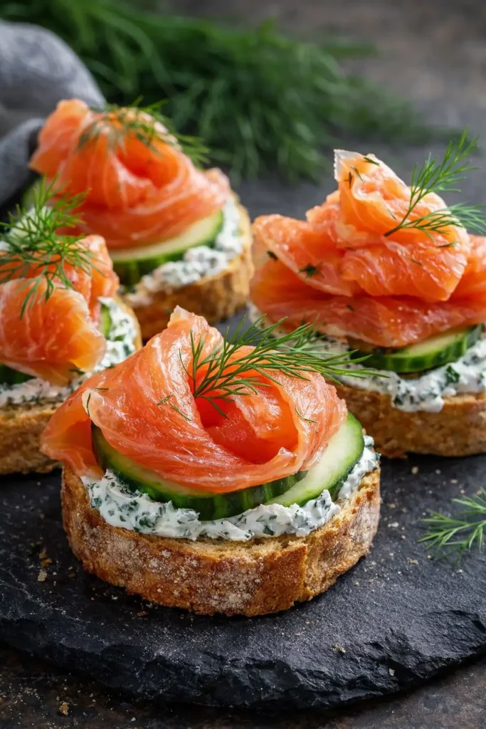 Easter smoked salmon tea sandwiches with cucumber cream cheese and dill on toasted bread