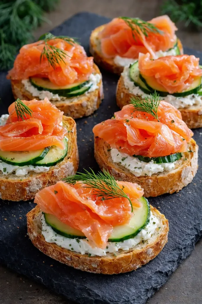 Easter smoked salmon tea sandwiches with cucumber cream cheese and dill on toasted bread