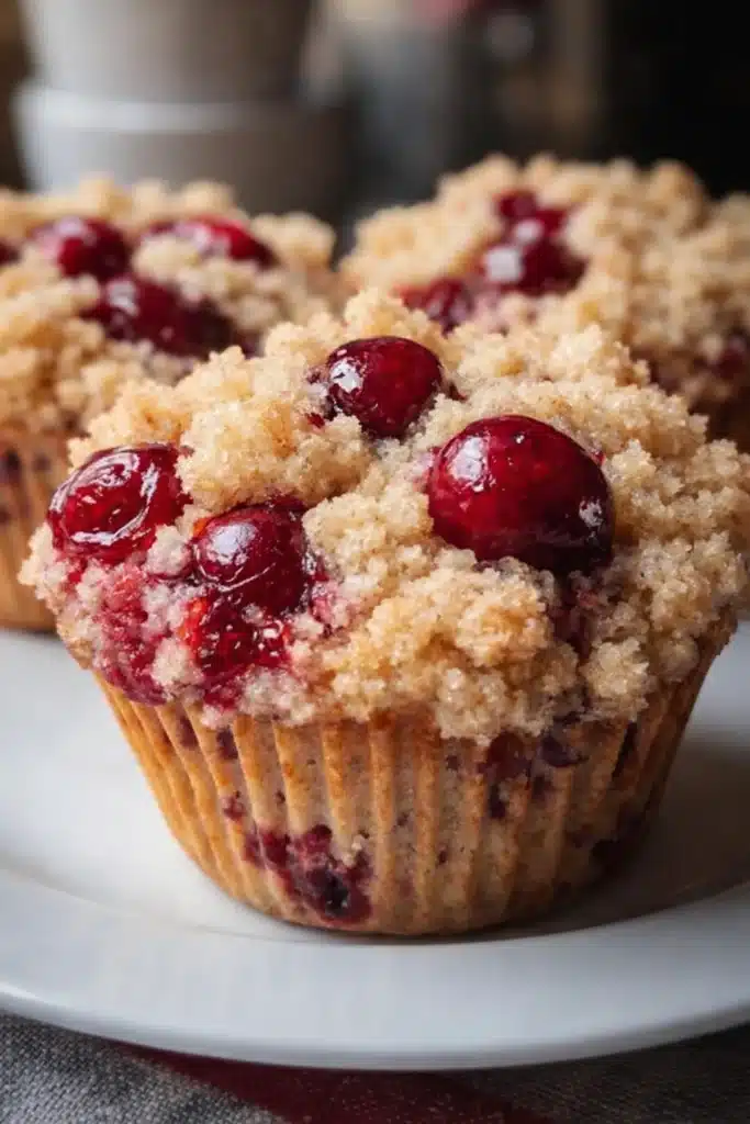 Easy cherry cobbler muffin with crumbly streusel topping and juicy cherries on a plate