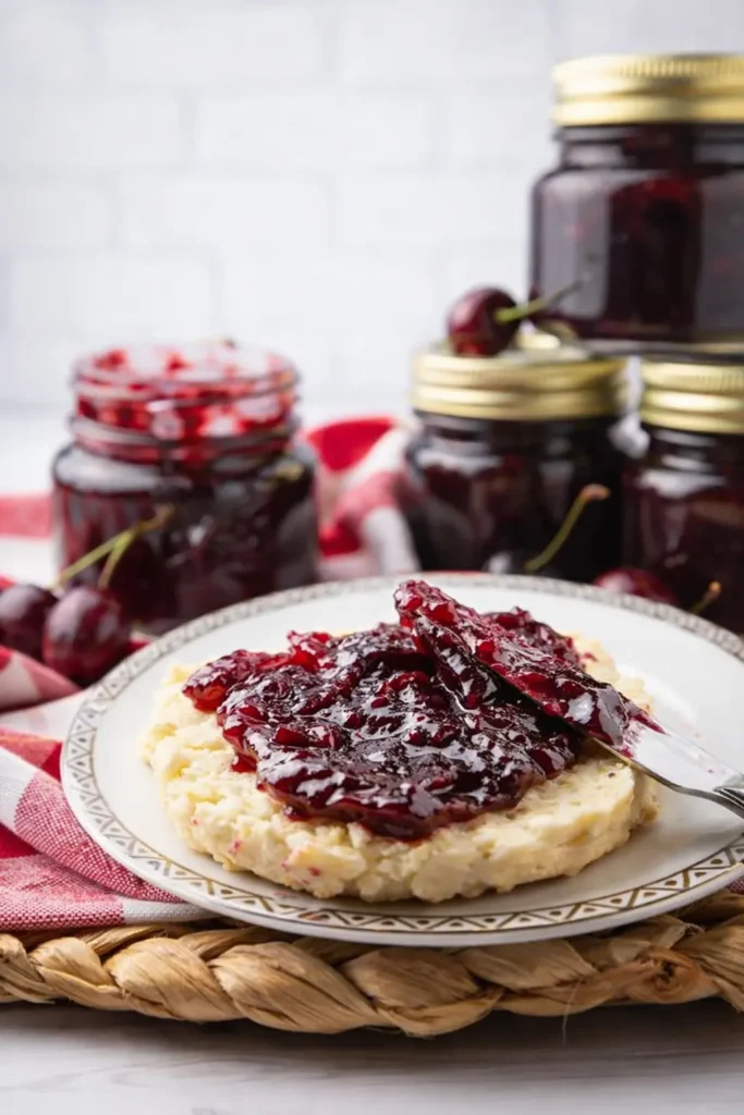 Easy Cherry Vanilla Jam spread on homemade biscuit with cherry jam jars in background