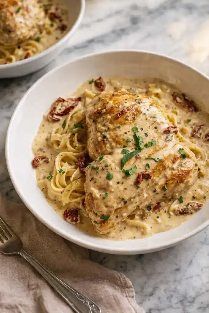 Easy Crockpot Marry Me Chicken served over creamy fettuccine pasta with garlic Parmesan sauce