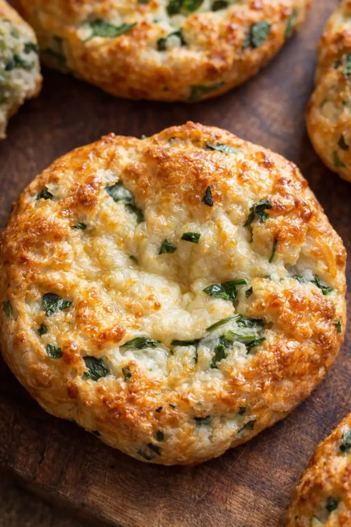 Easy Spinach Cottage Cheese Flagels (Flat Bagels) 6 Easy Spinach Cottage Cheese Flagels with golden crust and spinach baked on a board
