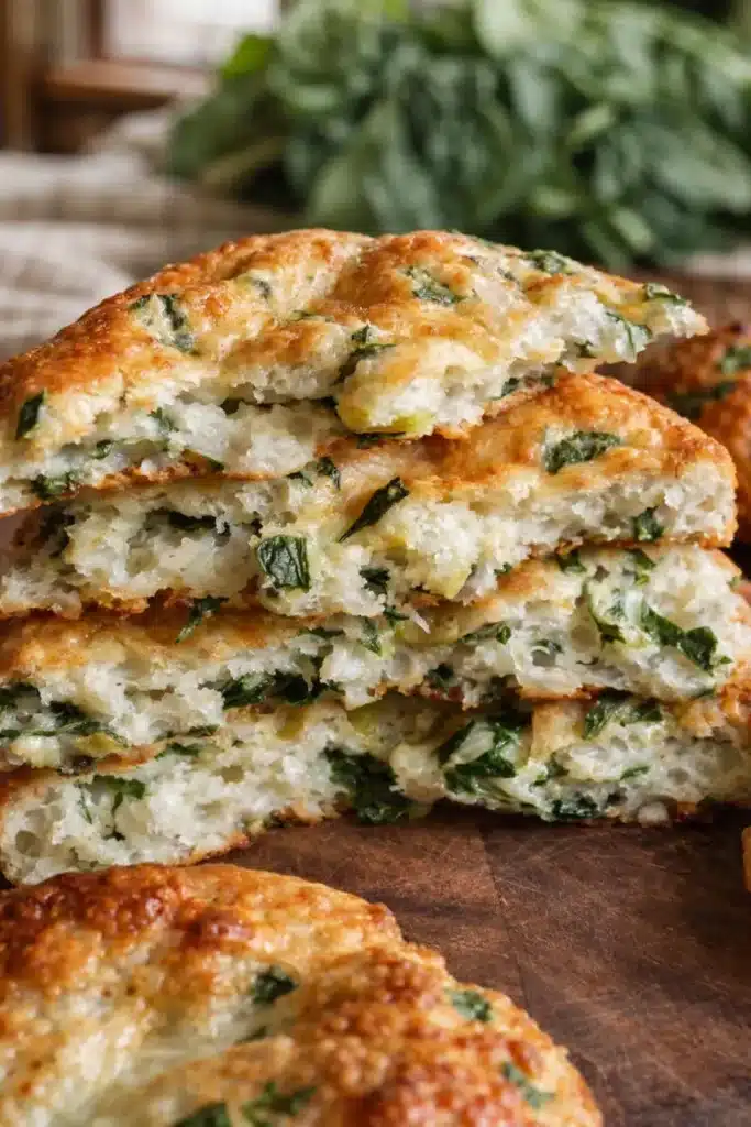 Easy Spinach Cottage Cheese Flagels (Flat Bagels) 5 Easy Spinach Cottage Cheese Flagels sliced open showing fluffy interior and spinach