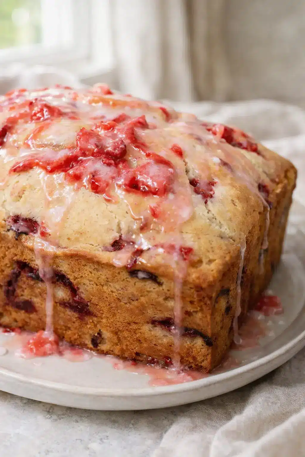 Easy strawberry bread with glaze and fresh strawberry chunks on top