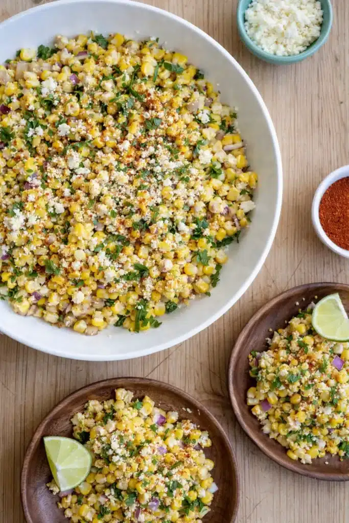 Elote corn salad with cotija cheese, cilantro, lime, and chili powder in a bowl