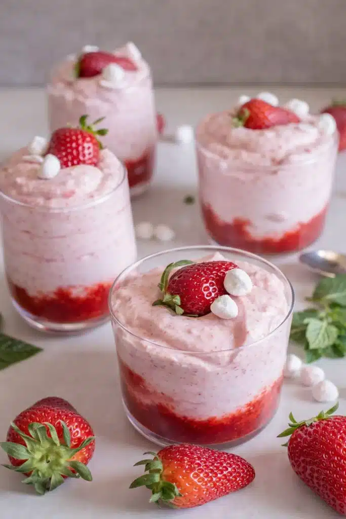 Fresh strawberry mousse dessert in glass cups with strawberry puree and fresh berries