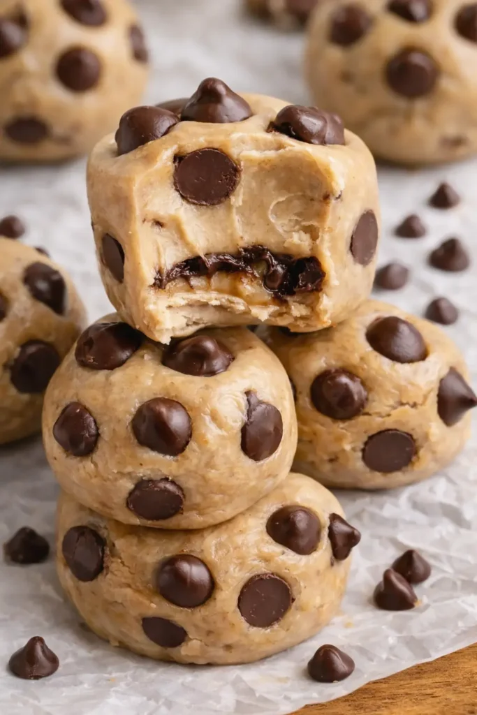 Frozen Greek Yogurt Peanut Butter Bites with chocolate chips stacked and creamy inside