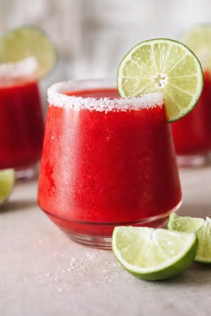 Frozen strawberry margarita with salted rim and lime garnish in a bright cocktail glass