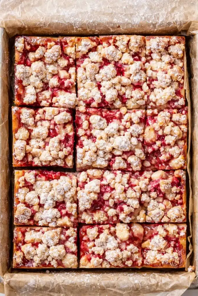 Gluten Free Rhubarb Crumble Bars baked in a pan with powdered sugar crumble topping