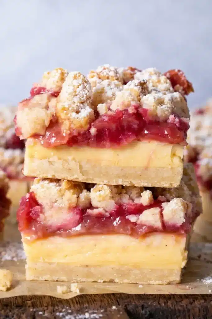 Gluten free rhubarb crumble bars with custard layer and buttery shortbread crust