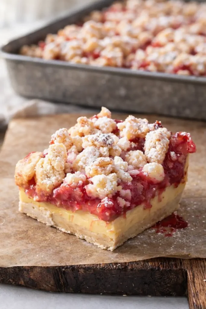 Gluten Free Rhubarb Crumble Bars with custard layer and crumb topping