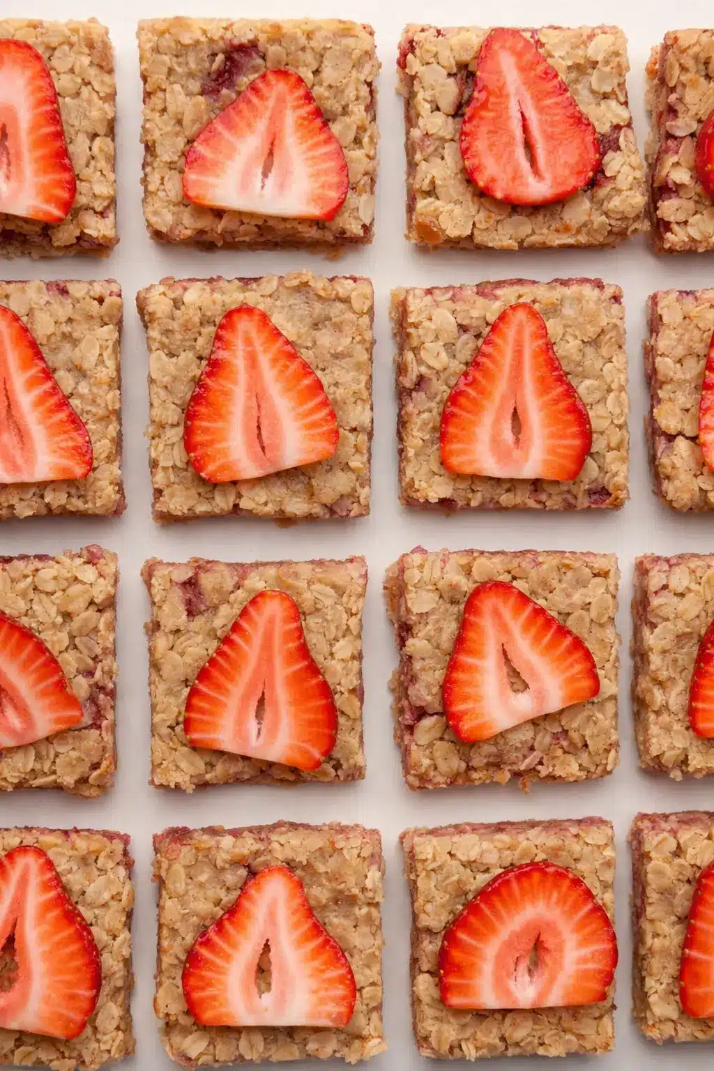 Healthy strawberry oatmeal bars topped with fresh strawberry slices arranged in a grid