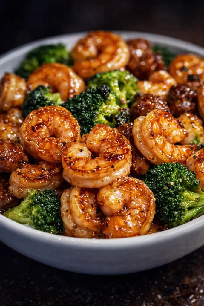 Honey garlic shrimp with broccoli in a bowl, glossy shrimp stir fry dinner