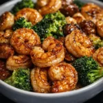Honey garlic shrimp with broccoli in a bowl, glossy shrimp stir fry dinner