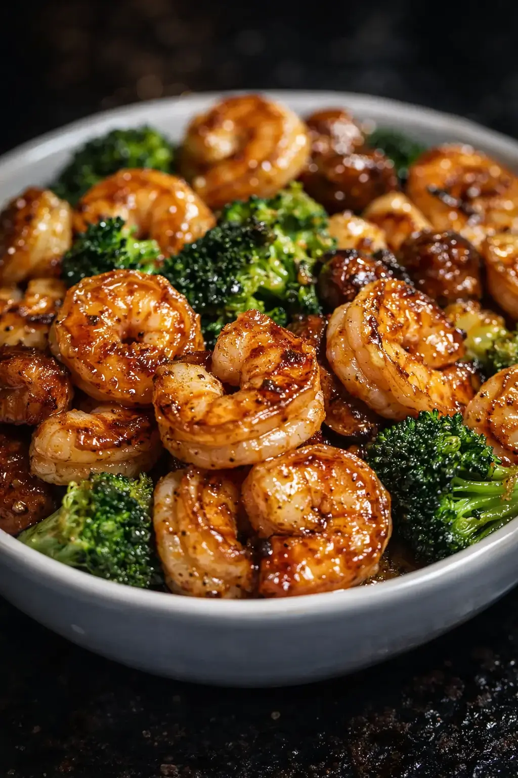Honey garlic shrimp with broccoli in a bowl, glossy shrimp stir fry dinner