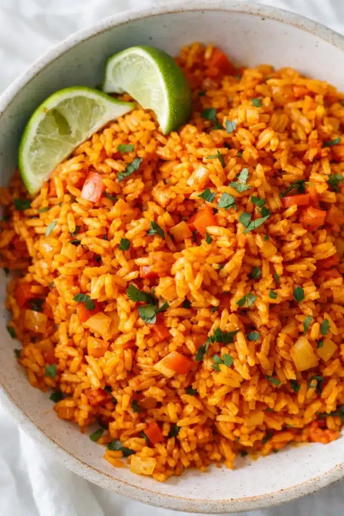 Fluffy Mexican rice with vegetables, cilantro, and lime wedges in a bowl