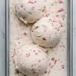 Rhubarb crumble ice cream scoops with pink rhubarb pieces and crunchy crumble in a dessert container