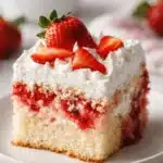 Homemade strawberry shortcake slice with whipped cream and fresh strawberries