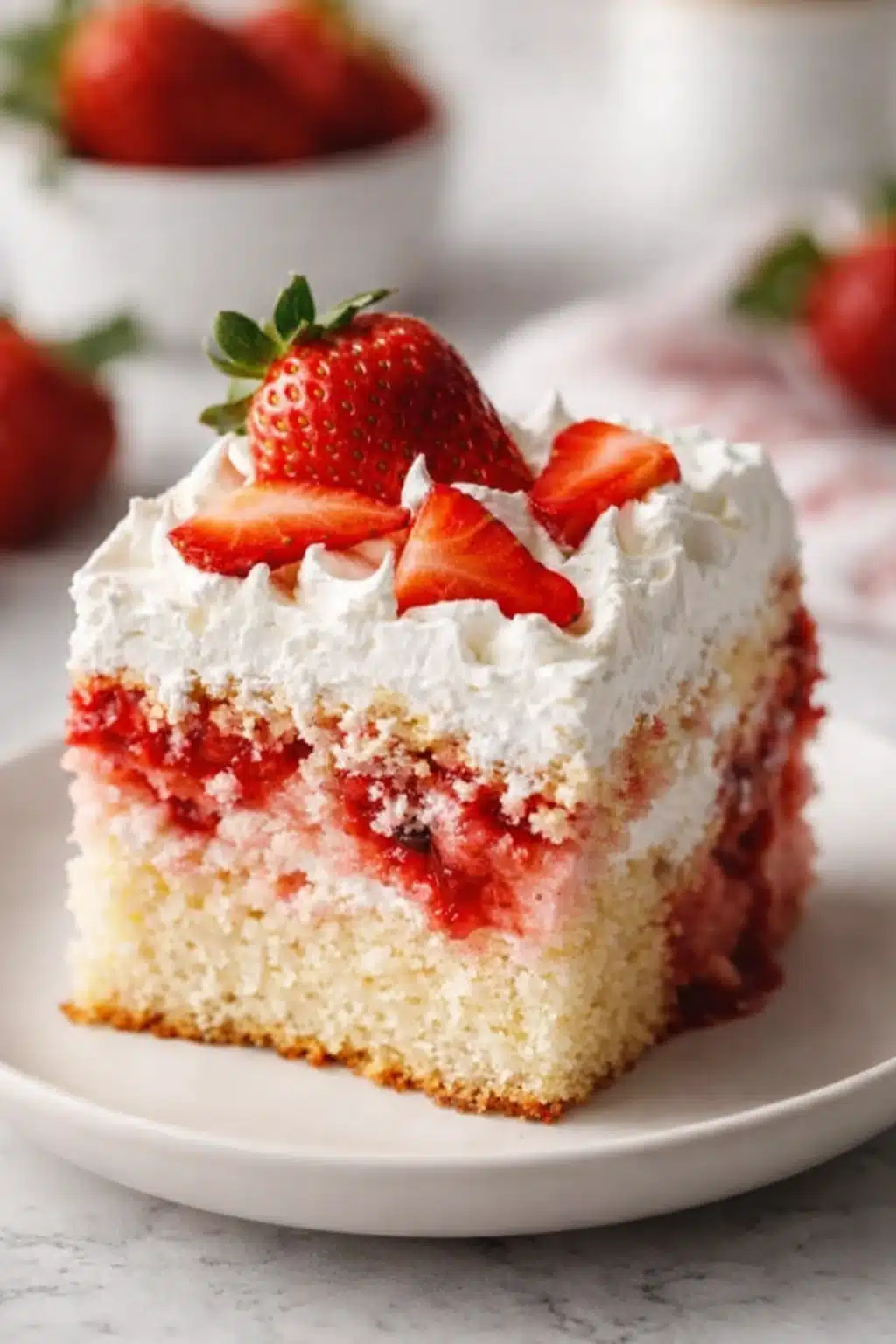 Homemade strawberry shortcake slice with whipped cream and fresh strawberries