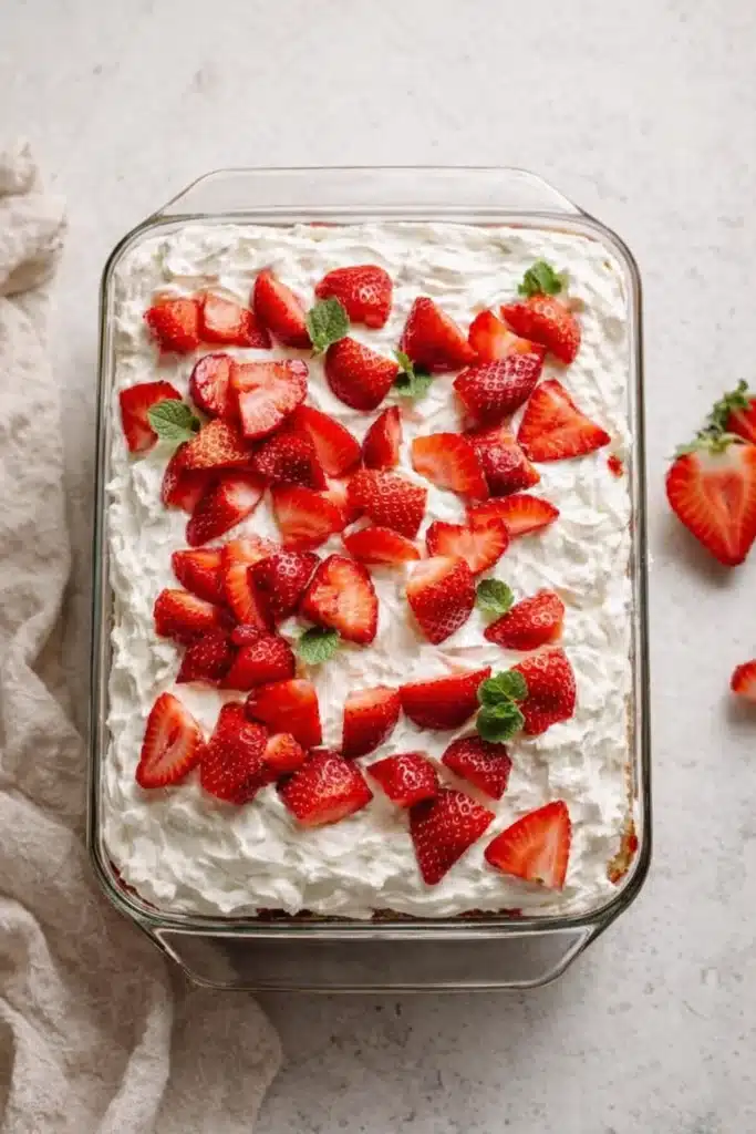 Homemade Strawberry Shortcake Amazing Summer Classic 5 Homemade Strawberry Shortcake in glass baking dish topped with fresh strawberries