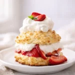 Strawberry shortcake with whipped cream and fresh strawberries on ceramic plate