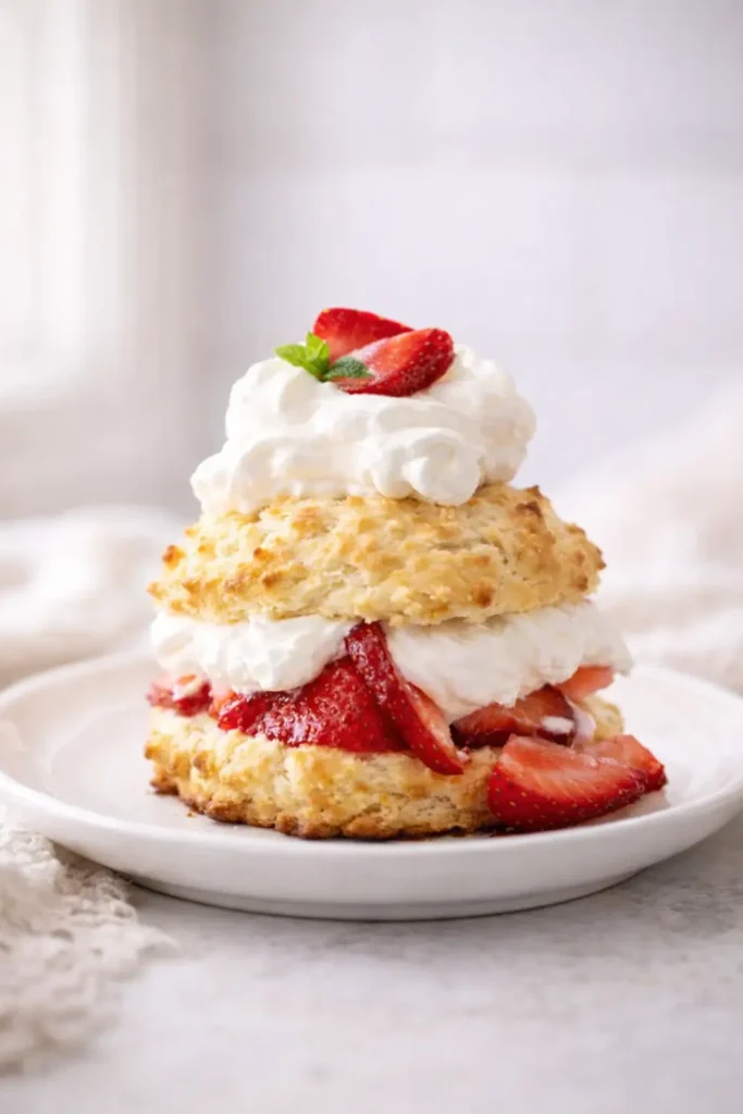 Strawberry shortcake with whipped cream and fresh strawberries on ceramic plate