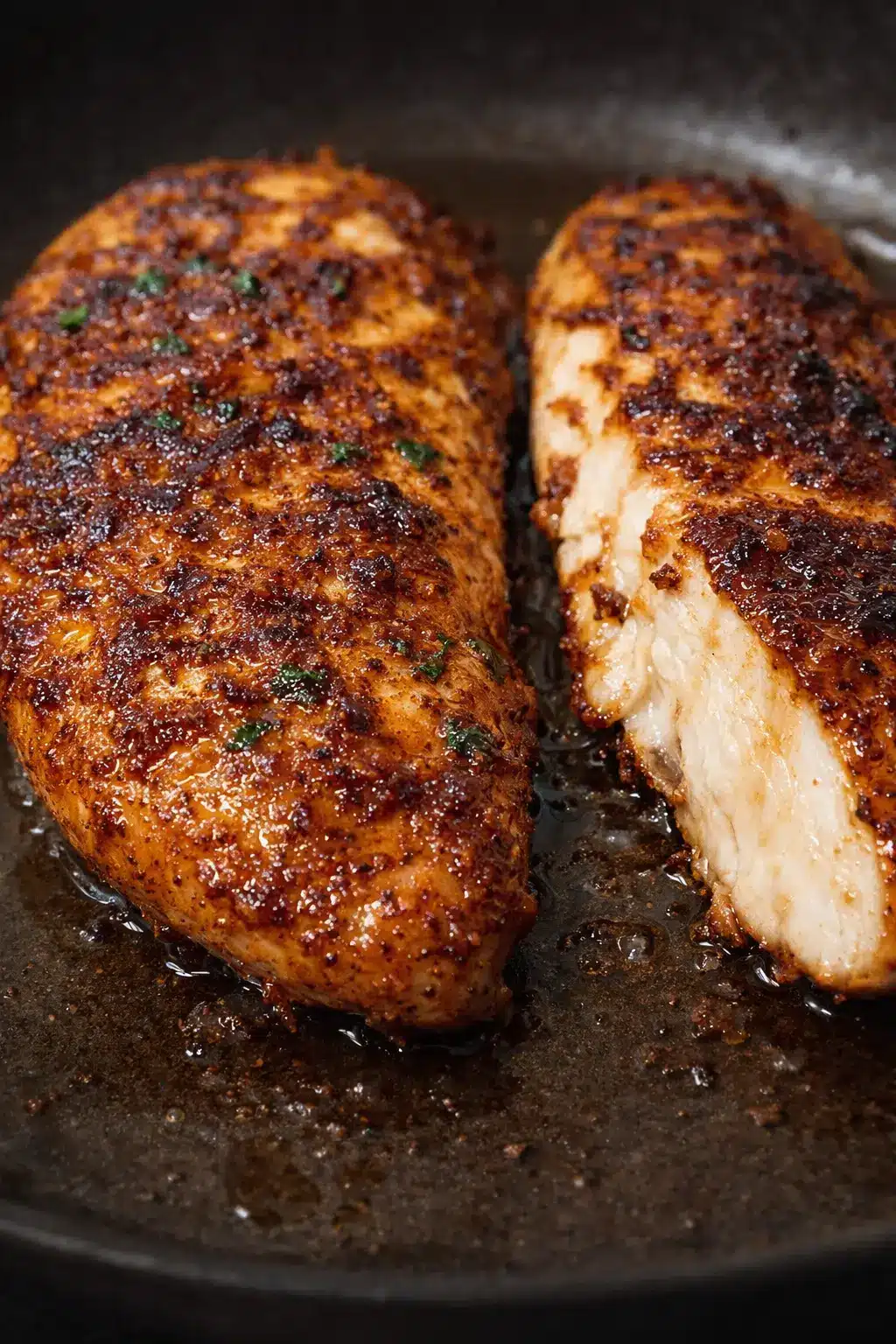 Juicy air fryer chicken breast with crispy paprika seasoning sliced on a dark plate