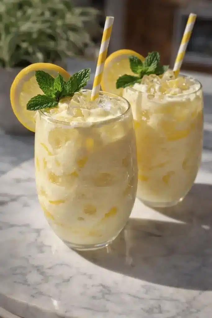 Lemon Creamade Easy Amazing Creamy Drink 5 Creamy lemon creamade with ice, mint, and lemon slices in glass